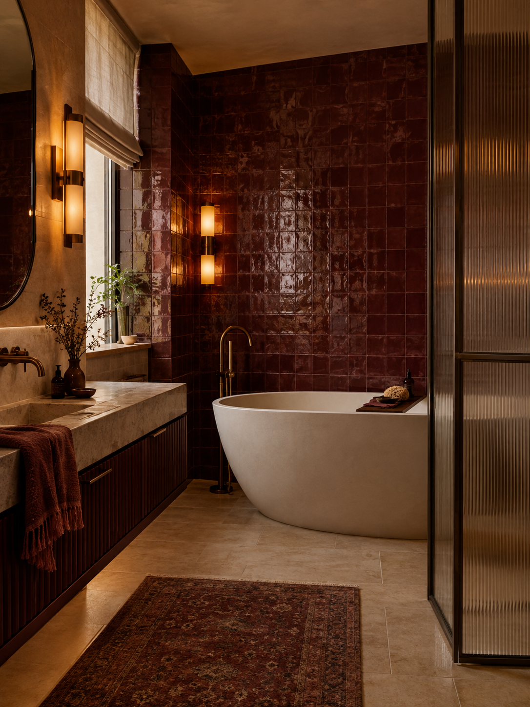Tiled bathroom with freestanding tub