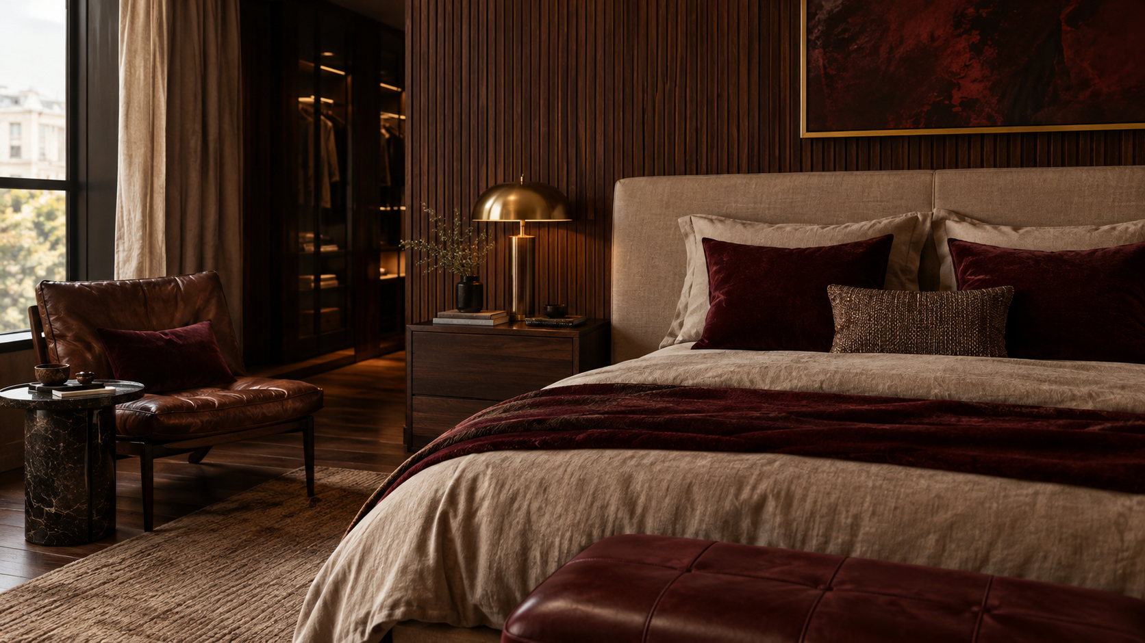 Moody bedroom with fluted timber panelling and textured cushions